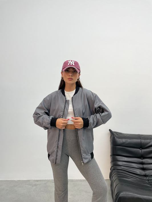 Gri Jinova Collection Kadın Oversize Bomber Ceket